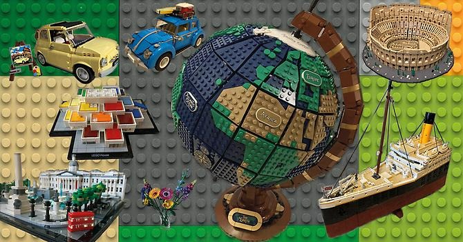 bildkollage av foton på legomodeller mot gulgrön bakgrund. I mitten en jordglob i lego, flankerad av Titanic, Colosseum, Vita huset med mera i lego